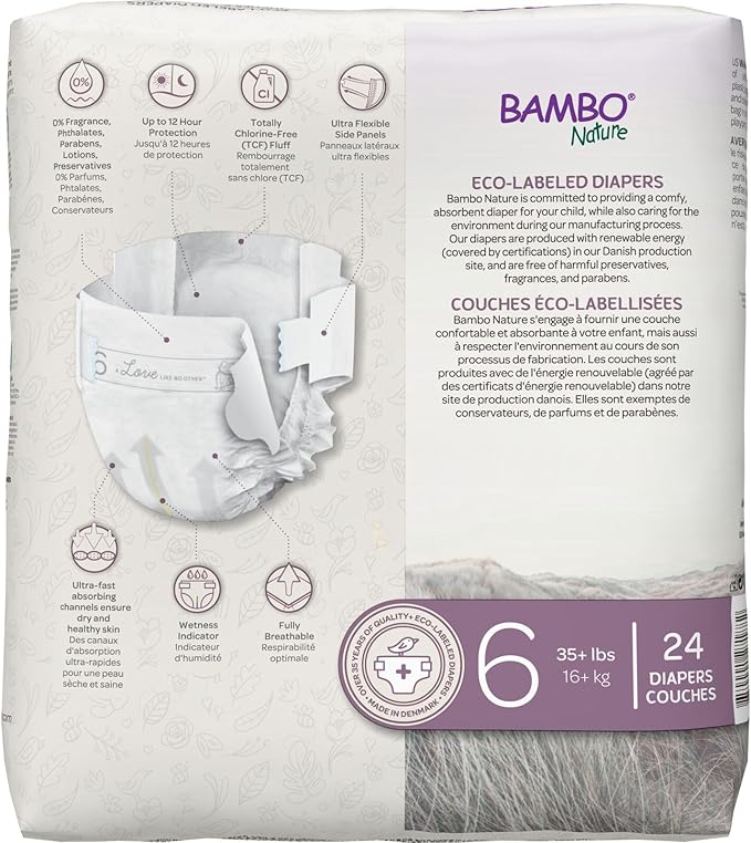 Bambo Nature Hypoallergenic Baby Diapers, Eco-Labelled Sustainable Diapers, Enhanced Leakage Protection, Totally Chlorine-free, Skin Friendly, and Super Absorbent - Size 6 (144 Count)
