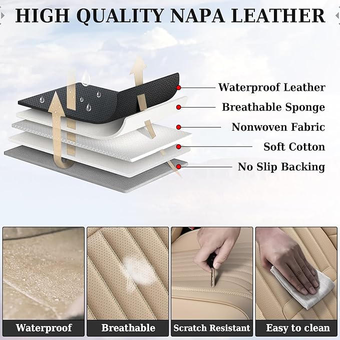 Coverado Front and Back Seat Covers for Cars, Nappa Leather Car Seat Covers, Automotive Seat Covers for Trucks, 5 Seats Waterproof Carseat Protector Car Seat Cover Beige, Universal Fit for Most Cars