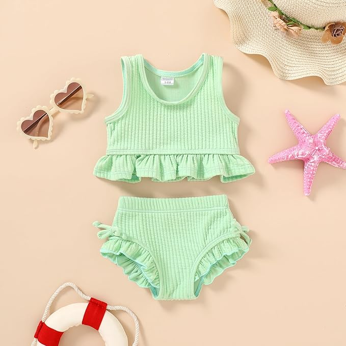 HAPPYMA Baby Swimsuit Toddler Girl Bathing Suit Summer Solid Color Bikini Set Beach Two Piece Swim Wear