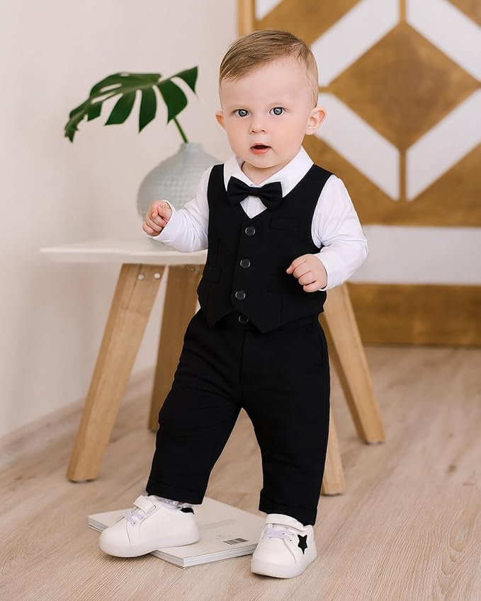 Baby Boy Clothes Suits Infant Gentleman Wedding Outfit Formal Dress Shirt Vest Bowtie Pants 4Pcs Baby Suit Sets