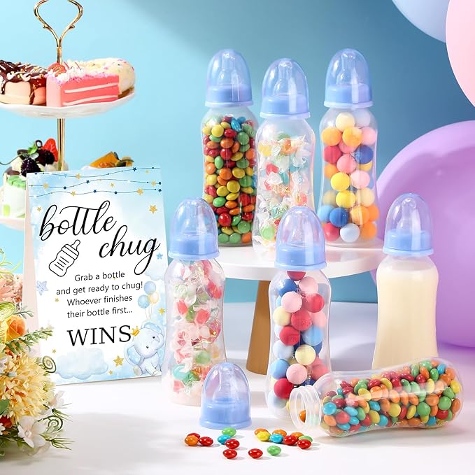 TrelaCo Cool Baby Shower Games Sets 12 Pcs Feeding Bottles with 1 Bottle Chug Sign for Gender Reveal Baby Shower Party Favors Decoration Games(Elephant,Blue)