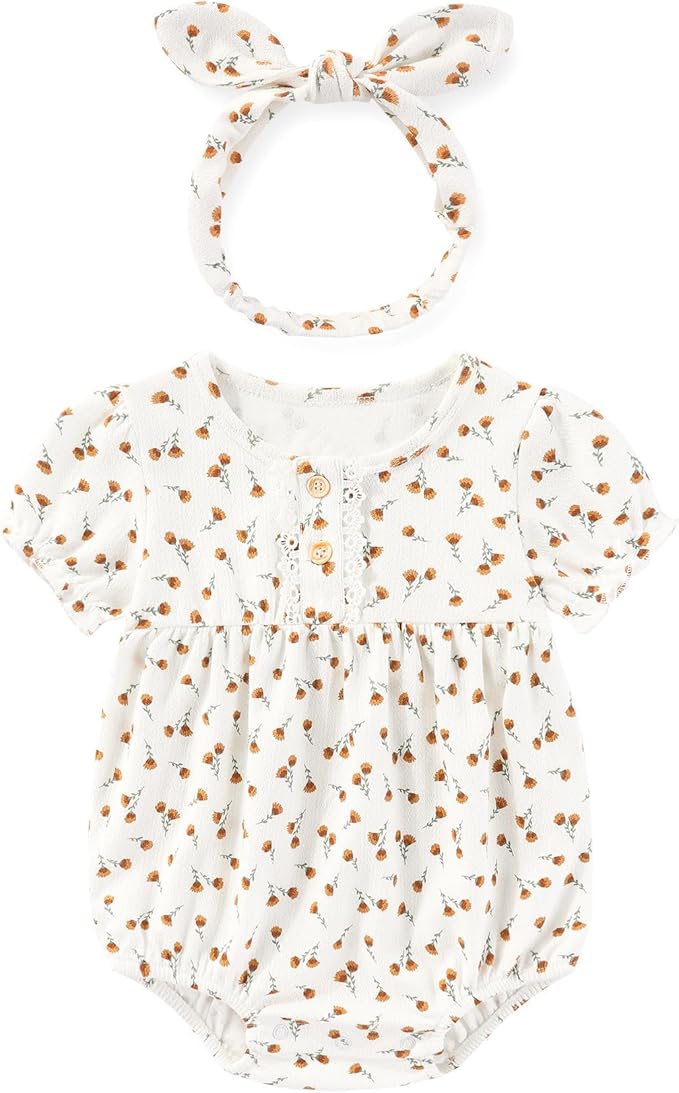 Newborn Baby Girl Clothes Cotton Bubble Romper Floral Short Sleeve Bodysuit 3 Pack