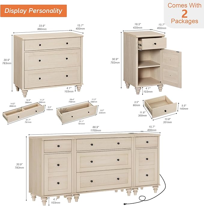 WAMPAT Dresser for Kids Bedroom with 5 Drawers and 2 Storage Cabinet, Nightstands with Charging Station, Mid Century Modern Baby Dressers with Wide Chest of Drawers for Nursery, Beige, 67 inch
