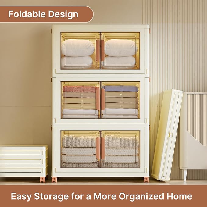 570Qt/140Gal Large Stackable Storage Bins with Lids and Divider, 3Pack Collapsible Drawers with Doors, Foldable Cabinet with Wheels, Plastic Closet Organizers and Containers for Home, Dorm