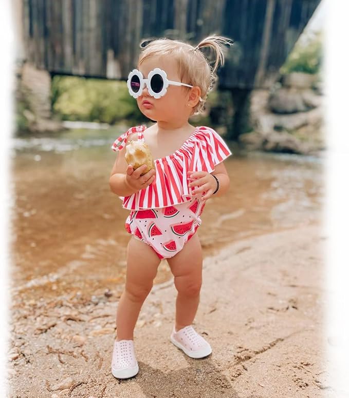 Toddler Baby Girls Ruffles Bikini One Piece Swimsuits Floral Off Shoulder Swimwear Beach Bathing Suit