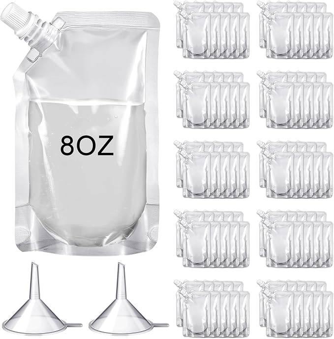 Meanplan 100 Pcs Plastic Pouches Bulk Reusable Squeeze Pouches Clear Plastic Juice Leak Proof Bags with Funnel for Party Favors Supplies(8 oz,Inclined Mouth)