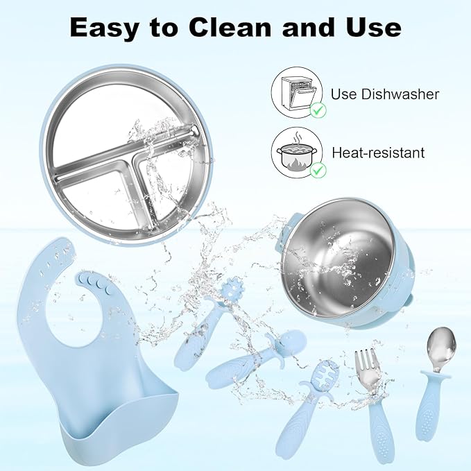 Stainless Steel Kids Plates And Bowls with Suction, Divided Baby Plate And Kid Bowl With Removable, Silicone Baby Plate Feeding Set, Non Toxic & BPA Free (Blue)