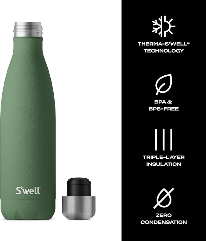 S'well Stainless Steel Water Bottle, 17oz, Green Jasper, Triple Layered Vacuum Insulated Containers Keeps Drinks Cold for 36 Hours and Hot for 18, BPA Free, Perfect for On the Go