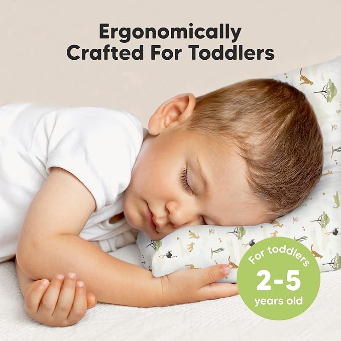 KeaBabies Toddler Pillow with Pillowcase, Jumbo 14X20 - Soft Organic Cotton Toddler Pillows for Sleeping - Machine Washable - Perfect for Travel, Toddler Bed Set (Grasslands)