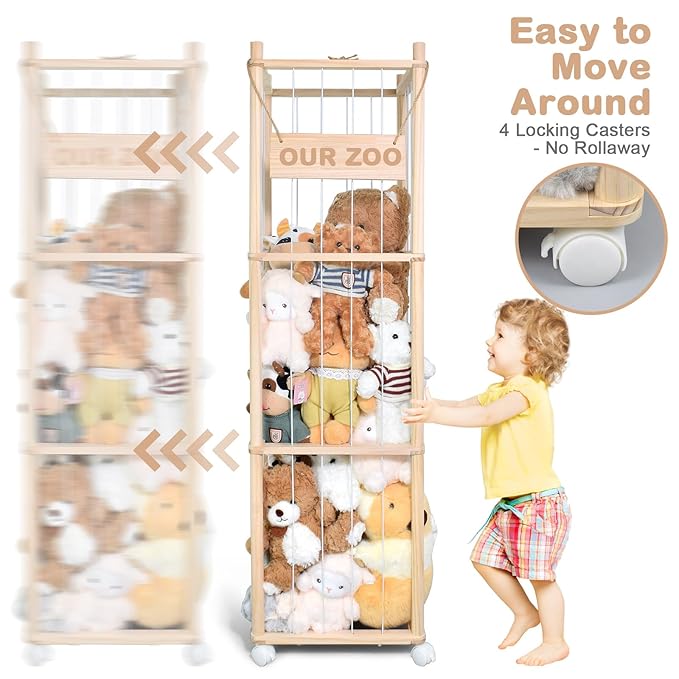Stuffed Animal Storage, Wooden Cute Zoo Toy Holder with Brake Wheels, Space Save Toy Organizer, Large Capacity Stuffed Animal Holder, Perfect for Nursery Playroom Kidroom Bedroom-54 Inch