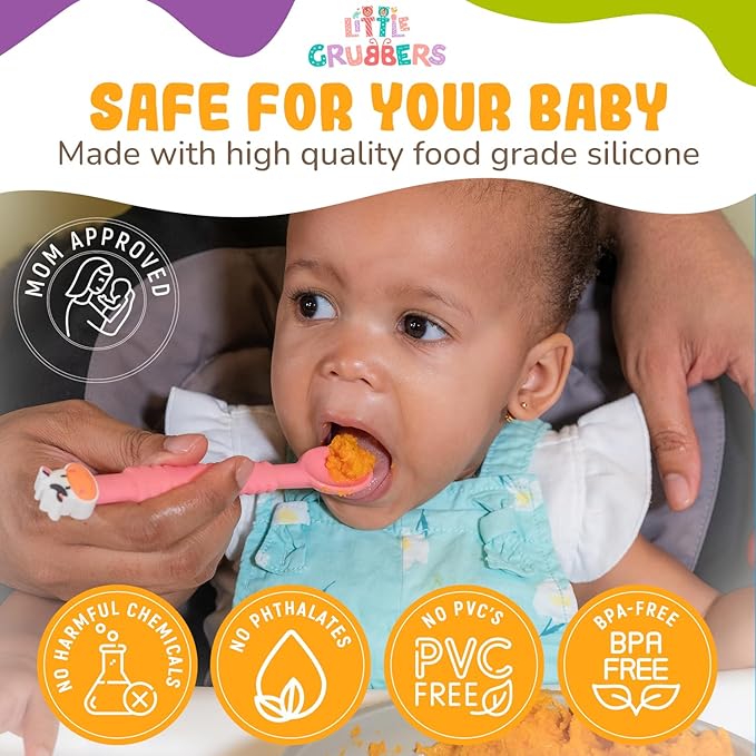 3-in-1 Silicone Baby Spoon Self Feeding 6+ Months - Pediatric OT Designed Teether Spoon, BPA Free Toddler Utensils, Mess-Free, Fun for Baby Led Weaning Supplies, Cow & Tiger