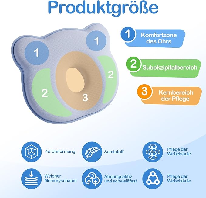 Memory Foam Baby Pillow,Cute Cartoon Bear Soft and Cozy Pillow, Breathable Bedding Set for Infants for Small Boys and Girls Prevent Flat Head Tummy