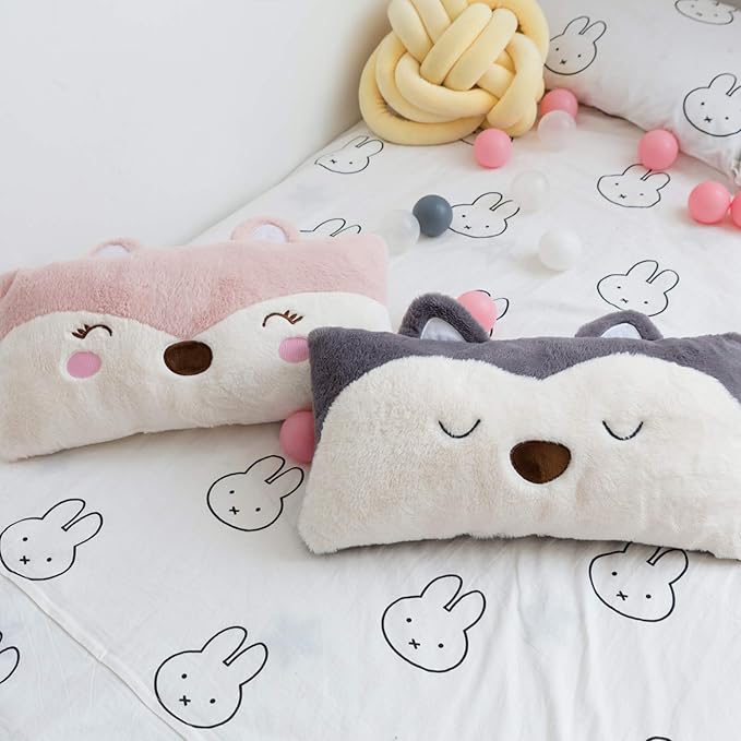 Stuffed Animal Lumbar Pillow, Super Soft Plush Cuddle Throw Pillow for Kids, Cute Fox Shaped Pillow, 12 x 24 Inches, Pink, Ivory