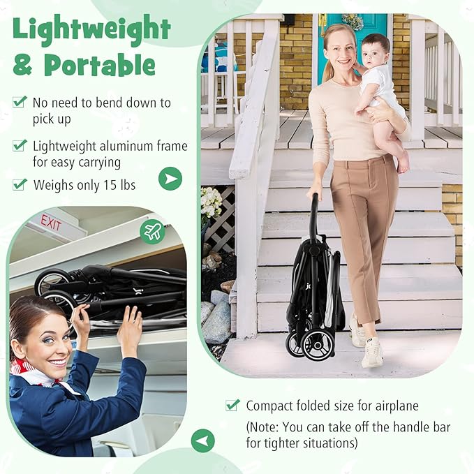 BABY JOY Lightweight Baby Stroller, Compact Travel Stroller for Airplane, Infant Toddler Stroller w/Adjustable Backrest & Canopy, Storage Basket, Self Standing Gravity Fold, Aluminium Frame (Gray)