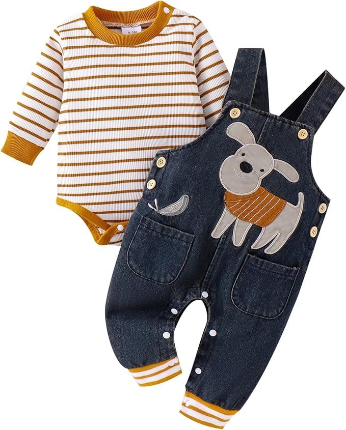 Baby Boy Clothes Fall Winter Outfits Long Sleeve Striped Romper Cute Cartoon Jeans Overalls Pants Set 0-18 Months