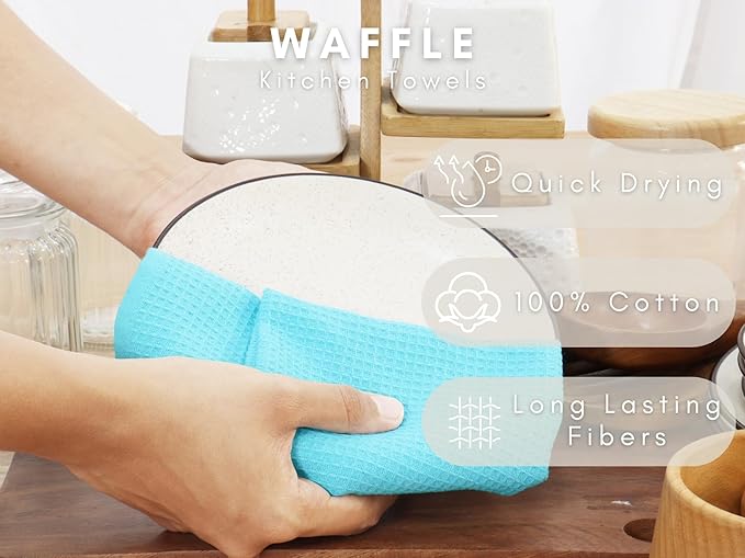 PurpleEssences Waffle Weave Kitchen Towel, 100% Cotton - 15 x 25 Inches, with Hanging Loop Ultra Soft Absorbent Quick Drying Dish Cloth, Tea and Hand Towels, 6 Pack - Fall Thanksgiving - Aqua Blue