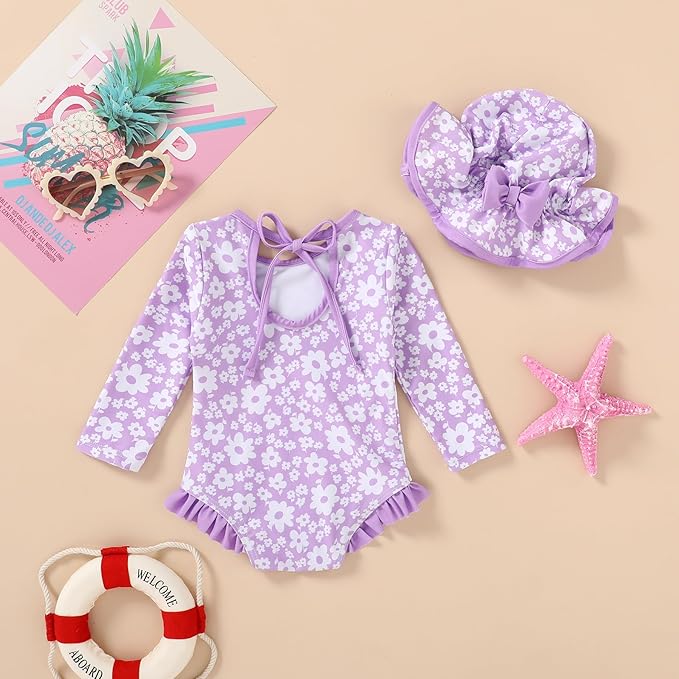 YOUNGER TREE Infant Baby Girls Swimsuit Long Sleeve Swimsuits One Piece Swimsuit Solid Color Bathing Suit with Hat, UPF 50+