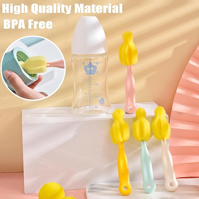 INVODA Cleaning Brush Set, 8PCS Portable Bottle & Nipple Brushes Sponge Material, Soft & Fluffy Texture, Comfortable Grip, Hanging Holes, BPA Free, Ideal for Baby Bottles & Cups