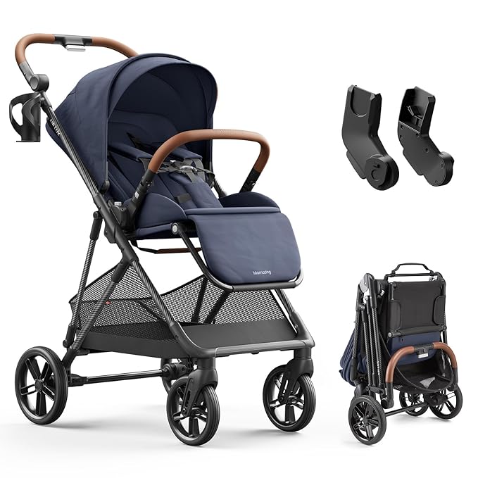 MAMAZING Air Lux Baby Stroller with Carbon Fiber Frame, One-Hand Fold & Reversible Seat, Magnetic 5-Pt Harness, Car Seat Adapter, 15.8lbs, Dark Navy