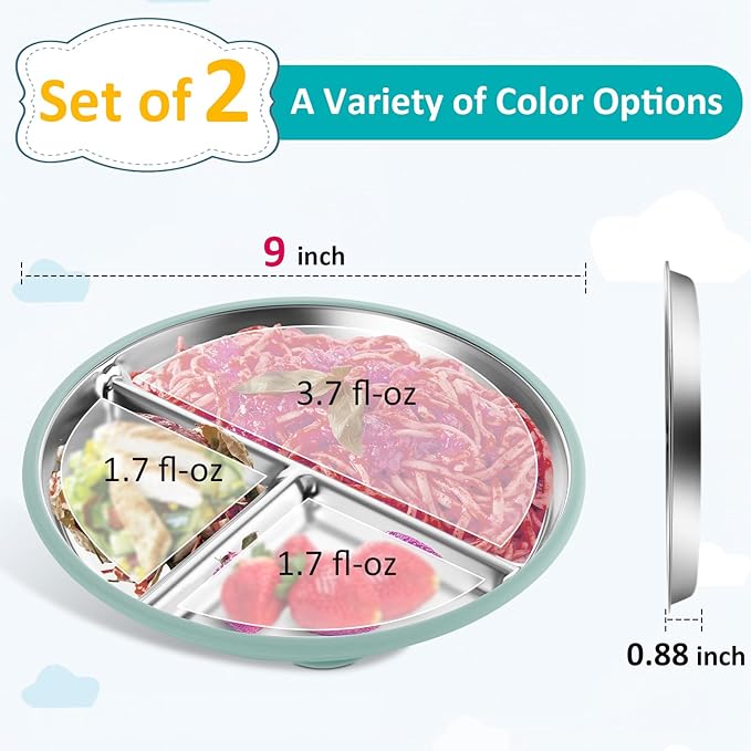 Stainless Steel Toddler Plate with Suction, 9” Divided Plates with Removable Silicone Sleeves for Kids, Non Toxic & BPA Free | Non Slip | Unbreakable Baby Snack Dishes Set of 2, Blue & Sage