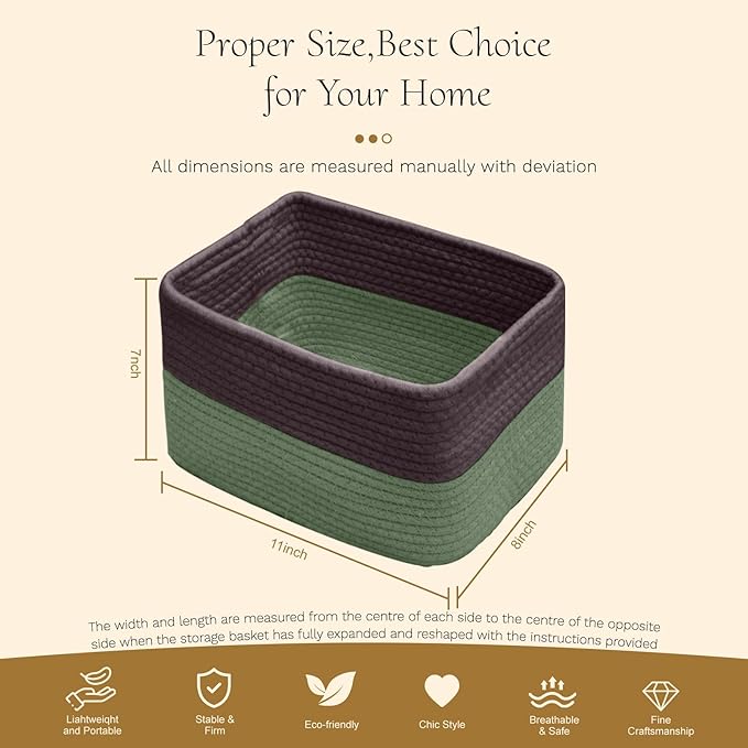 Hopegiver 3 Pack Storage Baskets for Organizing with Handle, Woven Baskets for Shelves - Durable Gift Basket for Cloth Toys Books Baby, Cotton Rope Basket for Dog Cat, 11x8x7 Inch(Brown&Green)