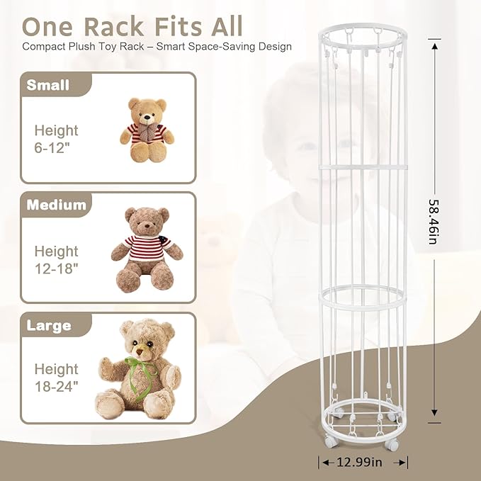 Stuffed Animal Storage Zoo Plushies Toy Storage Organizer, Metal Tube Stuffed Animal Holder with Brake Wheels, Space Saving Plush Toy Holder for Playroom Bedroom Nursery (White)