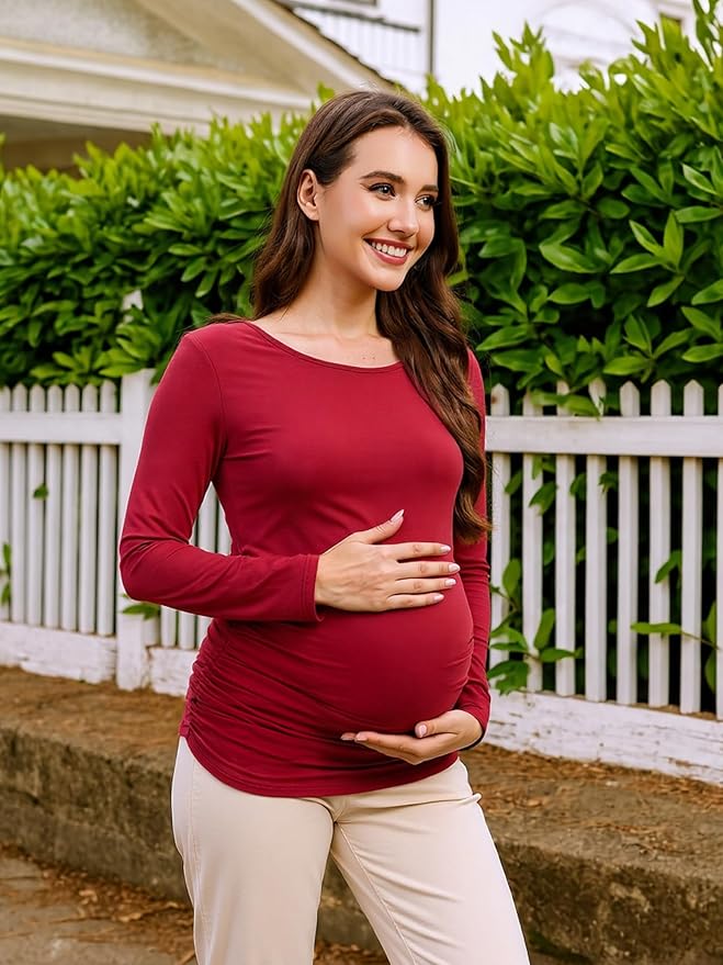 Maternity Shirts Long Sleeve Pregnancy Top for Women with Crew Neck Casual Tee Shirts