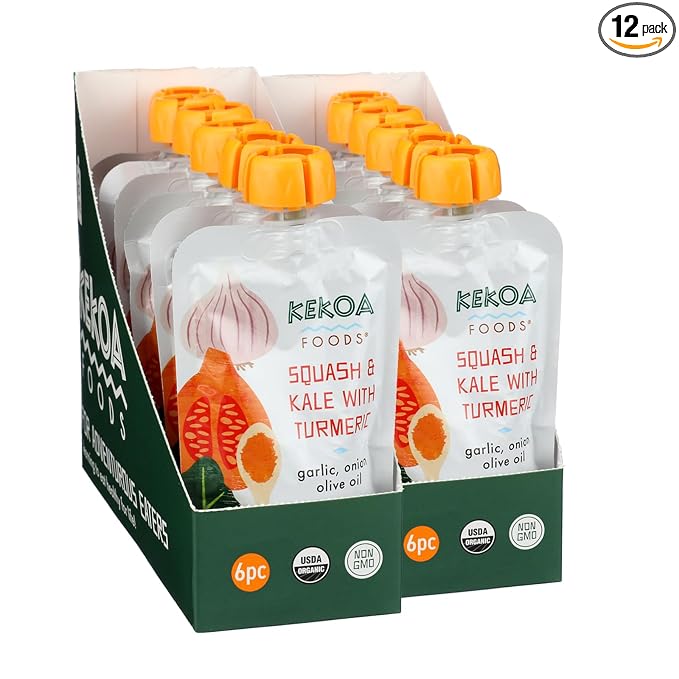 Kekoa Foods Squash & Kale with Turmeric Baby Food Purée | 100% USDA Certified-Organic Vegetarian Squeeze Pouch | Organic, Non-GMO, Gluten-Free, Vegan | Nutritious First Food for Babies | 3.5 oz