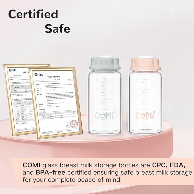 COMI Natural Glass Baby Bottle,Standard Neck Breastmilk Storage Bottle for Fridge,Breast Milk Container,Breast Pump Bottle Compatible with Medela Breast Pump,BPA Free,6PCS (5oz,6 Gray Lids)