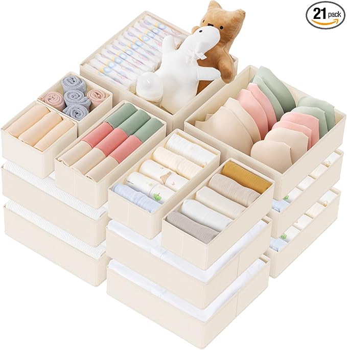 Criusia Drawer Organizer Clothes, 21 Pack Dresser Organizer for Baby Clothes, Underwear, Sock - Foldable Closet Organization and Storage Dividers Bins for Nursery, Bedroom (Beige)
