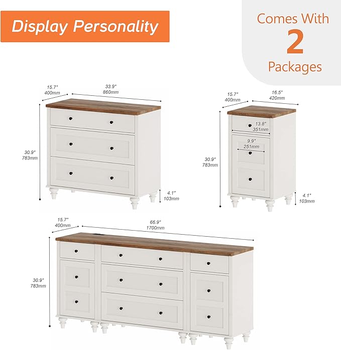 WAMPAT Dresser for Bedroom with 5 Drawers and 2 Storage Cabinet, Nightstands with Charging Station for Living Room, Mid Century Modern Kids Dressers with Wide Chest of Drawers for Nursery, White/Oak