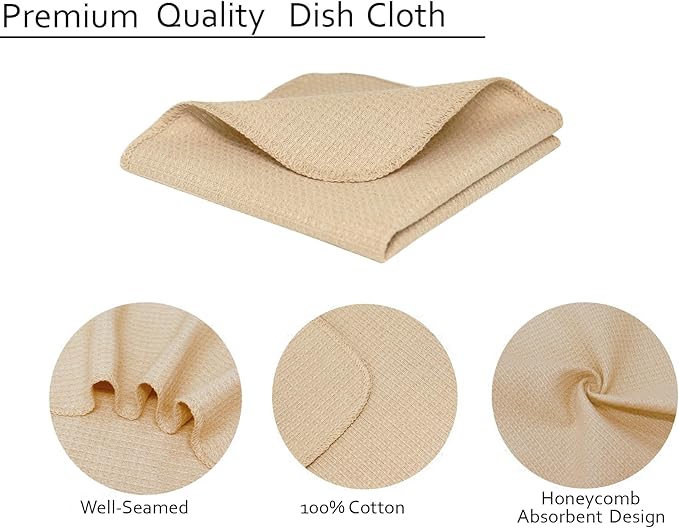 PurpleEssences Dish Cloths and Dish Rags - 8 Pack Waffle Weave Solid Kitchen Dish Wash Cloths, 100% Cotton, 12 x 12 Inches, Ultra Soft Absorbent Quick Drying Fall Thanksgiving - Beige