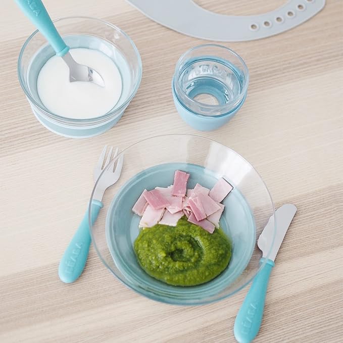 BEABA 3-Piece Glass Meal Set with Silicone Suction, Toddler Plate and Baby Bowls with Suction, Non Slip Kids Dinnerware Set, 2.5x Stronger than Regular Glass, (Rain)