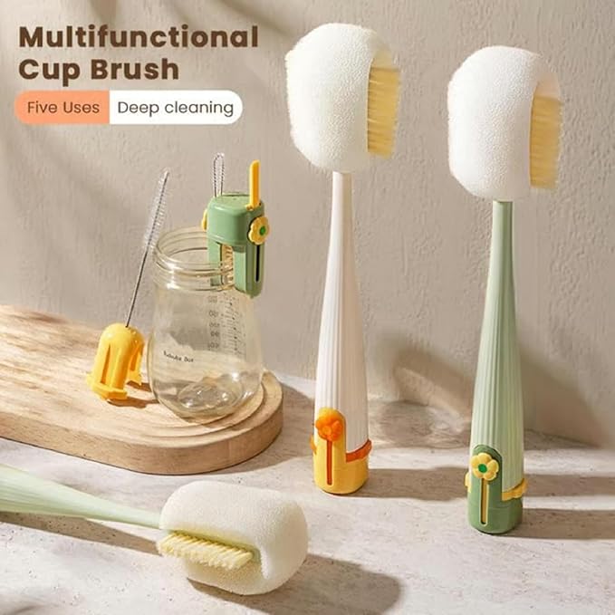 5 in 1 Bottle Cleaning Brush Set, 5‑in‑1 Multifunctional Bottle Cleaning Brush Set, Straw Cleaner Brush for Baby Bottles, Multifunctional Detachable Water Bottle Brush (2PCS White)