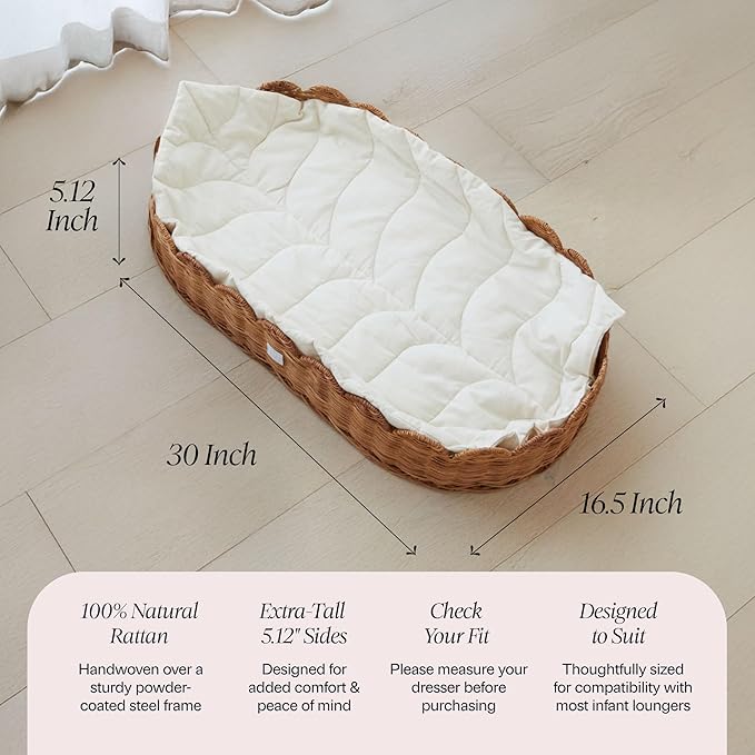 BEBE BASK Premium Baby Changing Basket - Artisan-Crafted Scalloped Rattan - Changing Basket for Baby Dresser - All Accessories Included - Complete Set for Nursery (Mocca)