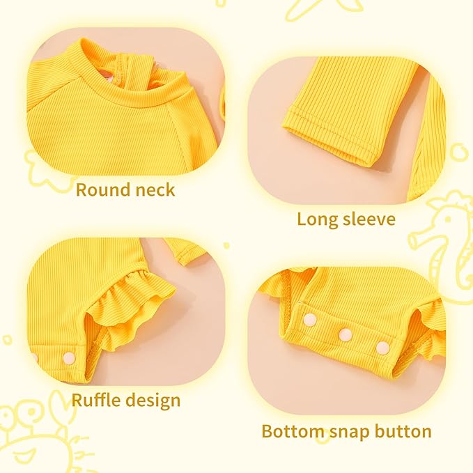 YOUNGER TREE Infant Baby Girls Swimsuit Long Sleeve Swimsuits One Piece Swimsuit Solid Color Bathing Suit with Hat, UPF 50+