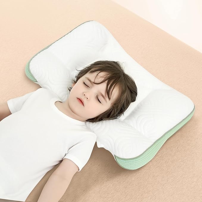 Reidio 1Pc Toddler Pillows with Removable Cotton Pillowcase Ergonomic Design Toddler Pillows for Sleeping Toddler Neck Pillow Kids Pillows Machine Washable 14x20in (Blue Green)