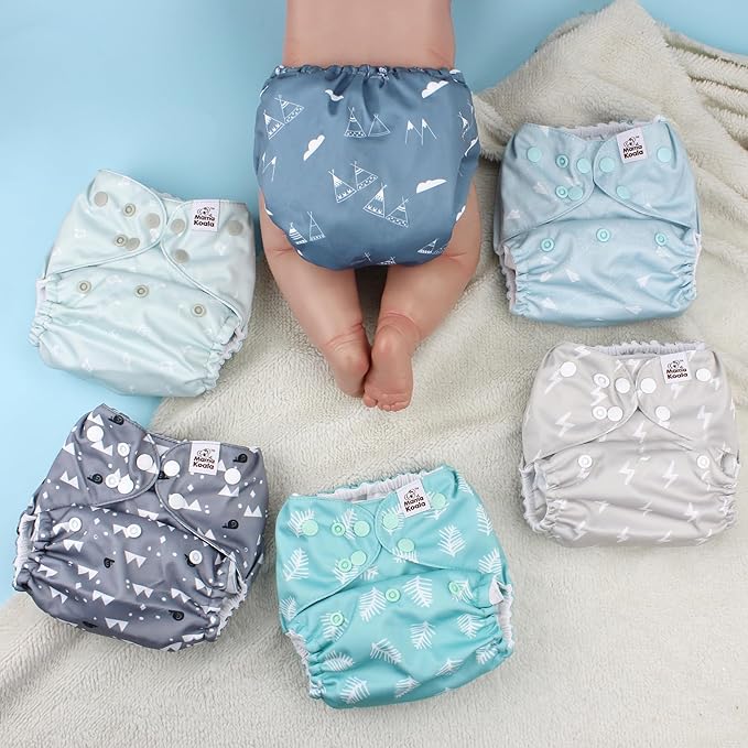 Mama Koala 3.0 Pocket Diapers for Babies with Suede Cloth Lining, 6 Pack with 6 4-Layer Natural Cloth Diaper Inserts - Reusable and Washable Pocket Diapers(S-The Gray Sky)