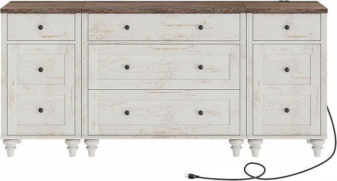WAMPAT Rustic White Dresser for Kids Bedroom with 5 Drawers and 2 Storage Cabinet, Nightstands with Charging Station for Living Room, Mid Century Modern Baby Dressers with Wide Chest of Drawers