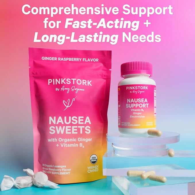 Pink Stork Organic Ginger Raspberry Sweets with Vitamin B6 for Morning Sickness and Motion Sickness, Added Ginger & Vitamin B6, 1st Trimester Pregnancy Must Haves - 30 Wrapped Candies