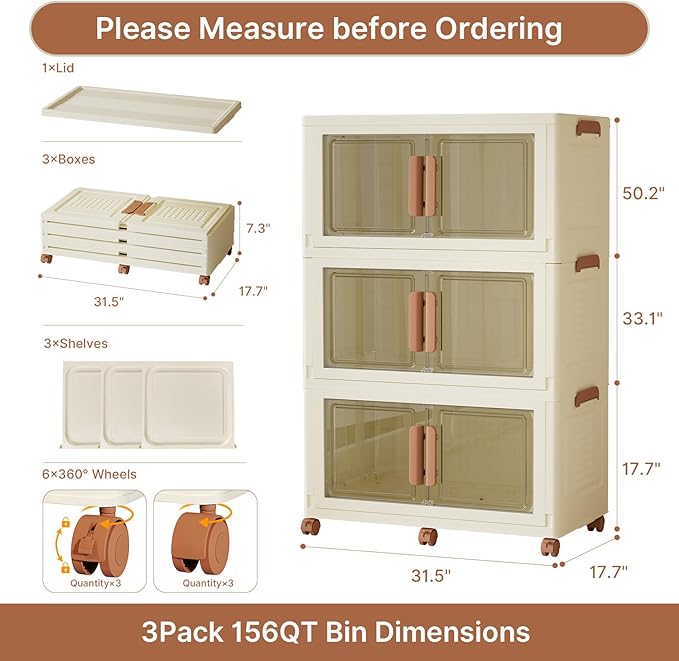 480Qt/120Gal Extra Large Stackable Storage Bins with Lids and Divider, 3Pack Collapsible Drawers with Doors, Foldable Cabinet with Wheels, Plastic Closet Organizers Containers for Home, Dorm