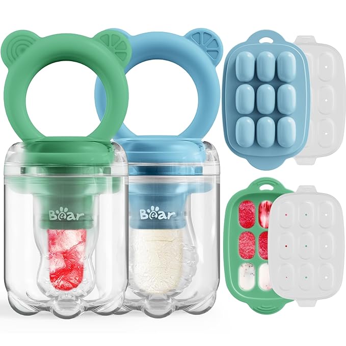 Bear Baby Fruit Food Feeder & Mini Freezer Nibble Tray Combo, 2 Pack Breastmilk Popsicle Molds for Baby Teething Relief, BPA Free Silicone Feeder for Safe Infant Self Feeding, Dishwasher Safe, Green