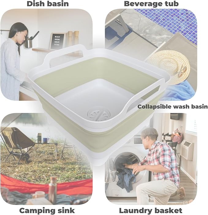 Collapsible Wash Basin for Baby Bottles - 2.4 Gallons Portable Wash Bin for RV Camping Sink, Space-Saving Dish Tub (Green)