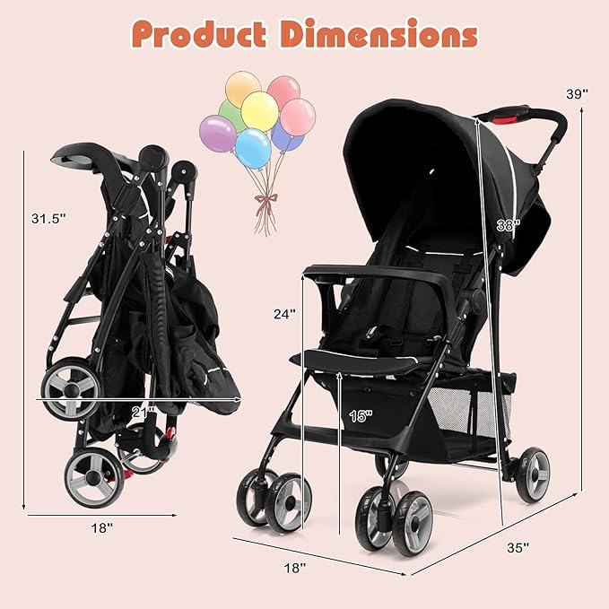 HONEY JOY Travel Stroller, Quick Fold Lightweight Baby Umbrella Stroller for Airplane, Adjustable Canopy & Backrest, Storage Basket, Removable Meal Tray, Compact Stroller Newborn and Toddler(Black)