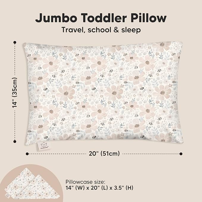 KeaBabies Toddler Pillow with Pillowcase, Jumbo 14X20 - Soft Organic Cotton Toddler Pillows for Sleeping - Machine Washable - Perfect for Travel, Toddler Bed Set (Flora Vale)
