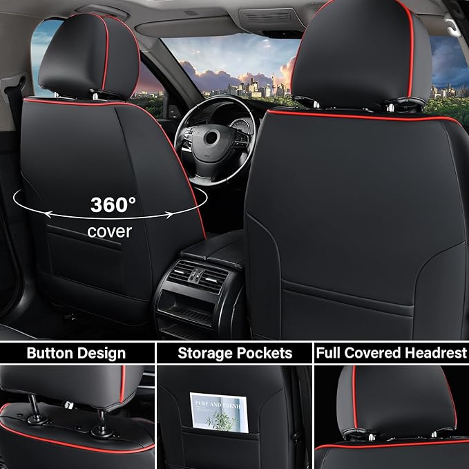 Coverado Seat Covers, Car Seat Covers Full Set, Leather Seat Covers for Cars, Automotive Seat Covers Car Seat Protector Car Accessories Fit for Most Sedans SUV Pick-up Truck(Black&Red)