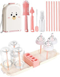 Travel Baby Essentials, 7in1 Travel Baby Bottle Cleaning Kit, Baby Essentials for Flying Nipple, Drying Rack, Straw, Soap Dispenser Dish Soap for Bottles, Gift for Mom (Pink)