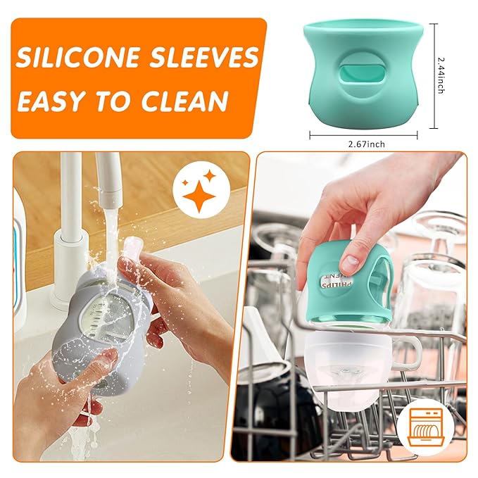 Silicone Sleeves for Avent Glass Natural Baby Bottle,4 Pack Bottles Shatter Proof Bottle Covers,Anti Flow Holder Compatible Baby Bottle 4 oz & 8 oz,BPA Free(Grey+White+Blue+Green)