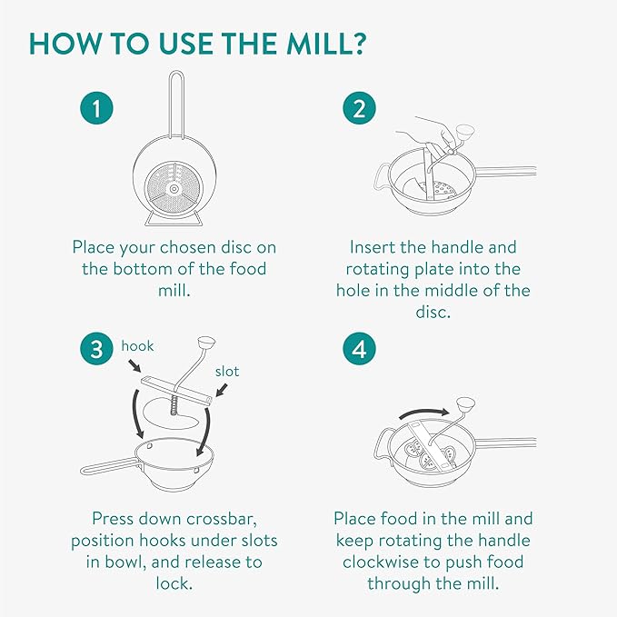 Navaris Stainless Steel Food Mill 2-Quart with 3 Grinding Discs - Rotary Food Mill to Grind & Puree Fruits, Vegetables, Tomato Sauce, Potatoes, Jams and Baby Food Dishwasher Safe