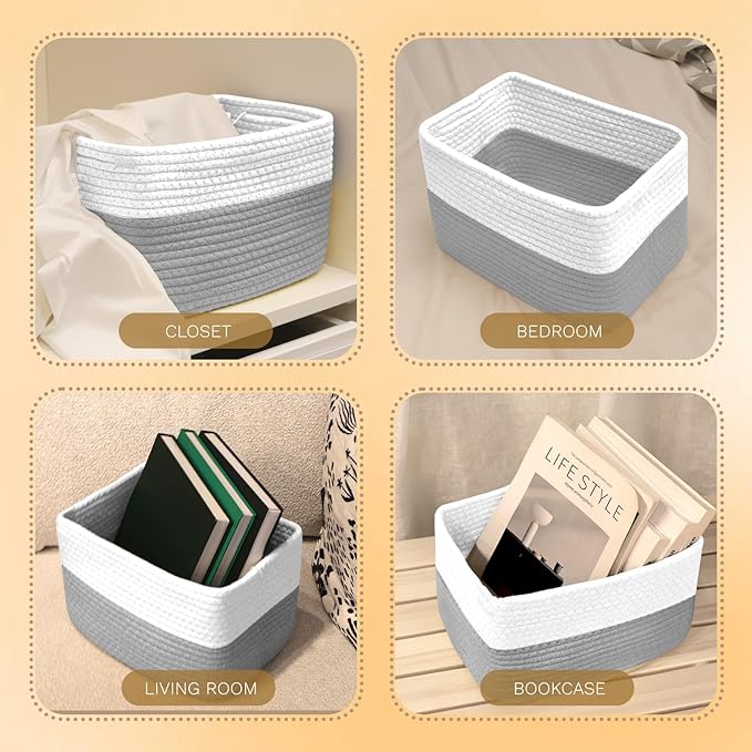 Hopegiver 3 Pack Storage Baskets for Organizing with Handle, Woven Baskets for Shelves - Durable Gift Basket for Cloth Toys Books Baby, Cotton Rope Basket for Dog Cat, 11x8x7 Inch(White&Gray)